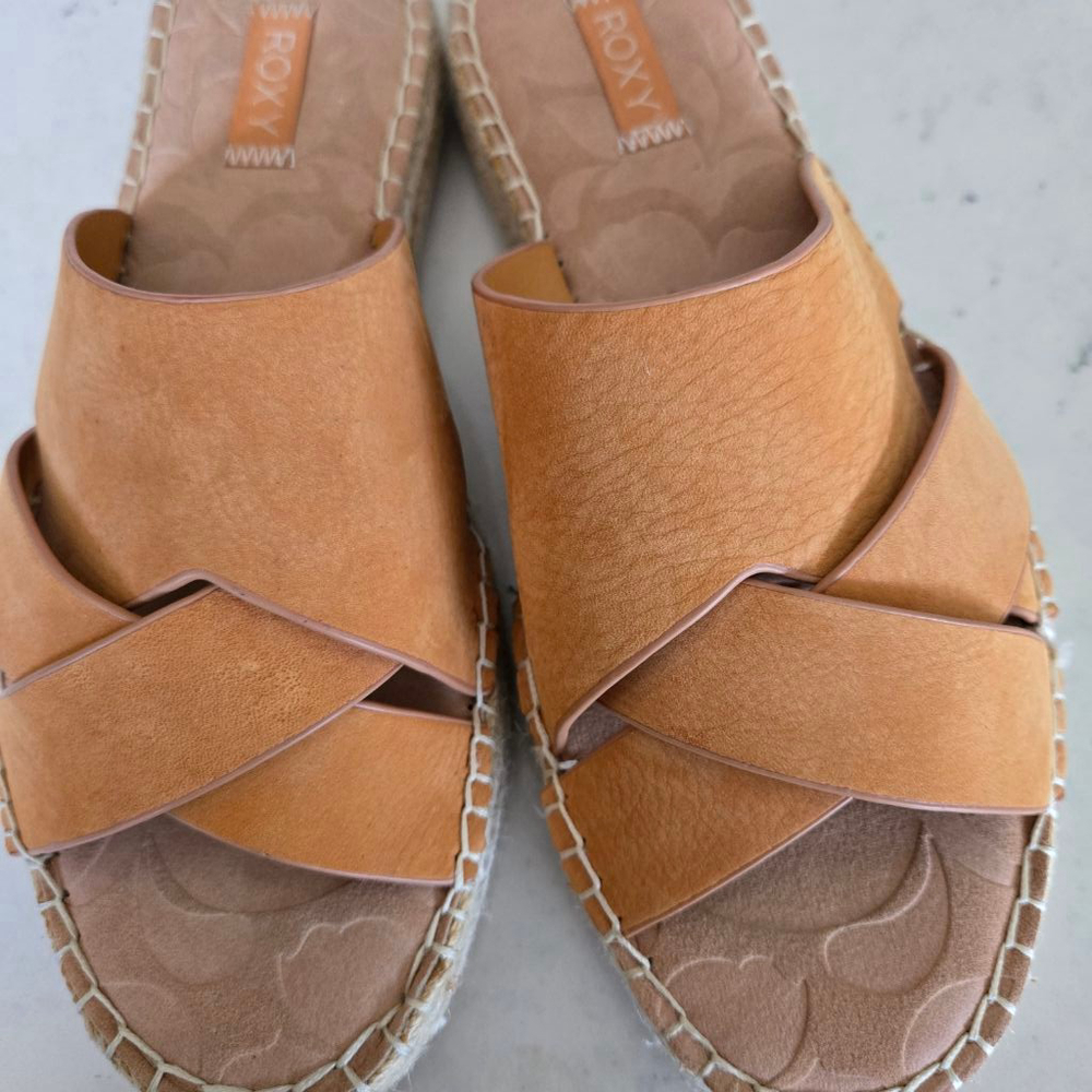 Roxy Women's Cognac Crossover Leather Slide Sandals - Picture 12 of 12
